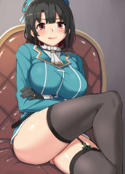 Rule 34 | 10s, 1girl, :p, black gloves, black hair, black thighhighs, breasts, female focus, garter straps, gloves, hat, highres, kantai collection, large breasts, leg lift, nuko (mikupantu), red eyes, short hair, sitting, solo, takao (kancolle), thighhighs, thighs, tongue, tongue out