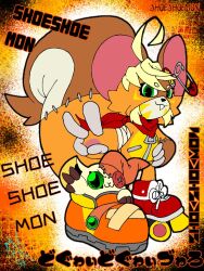 Rule 34 | bandages, digimon, digimon (creature), green eyes, looking at viewer, shoemon, shoes, shoeshoemon, smile, squirrel, v
