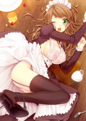 Rule 34 | 1girl, ;o, apron, bad id, bad pixiv id, blush, breasts, brown hair, brown thighhighs, cake, clothes lift, cup, embarrassed, entangled, fallen down, food, fork, fruit, garter straps, green eyes, high heels, juliet sleeves, legs, long hair, long sleeves, lying, maid, maid apron, maid headdress, moe2015, one eye closed, original, plate, puffy sleeves, reflection, reflective floor, see-through, shoes, sideboob, skirt, skirt lift, solo, spill, strawberry, thighhighs, wavy hair, wet, wet clothes, wooden floor, yuki (itkinggg)