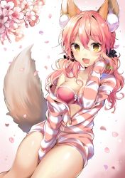 Rule 34 | 10s, 1girl, :d, animal ears, artist name, bad id, bad pixiv id, bare shoulders, between legs, black scrunchie, blush, bow, bow bra, bra, breasts, cherry blossoms, cleavage, collarbone, commentary, fang, fate/extra, fate (series), flower, fox ears, fox girl, fox tail, hair between eyes, hair ornament, hair scrunchie, hand between legs, hand in own hair, hand up, jacket, long hair, long sleeves, looking at viewer, low twintails, medium breasts, off shoulder, official alternate costume, open clothes, open jacket, open mouth, partially unzipped, petals, pinb, pink bra, pink flower, pink hair, scrunchie, smile, solo, striped clothes, striped jacket, tail, tamamo (fate), tamamo no mae (fate/extra), tamamo no mae (spring casual) (fate), twintails, underwear, yellow eyes