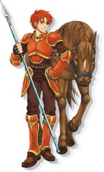 Rule 34 | 1boy, alen (fire emblem), armor, fingerless gloves, fire emblem, fire emblem: the binding blade, full body, gloves, hand on own hip, highres, holding, holding polearm, holding weapon, horse, kaneda eiji, looking to the side, nintendo, official art, pants, pauldrons, polearm, red armor, red eyes, red pants, shoulder armor, smile, solo, weapon