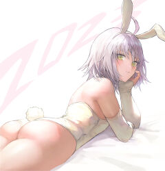 Rule 34 | 1girl, ahoge, animal ears, ass, bare shoulders, blush, breasts, detached sleeves, fake animal ears, fate/grand order, fate (series), grey hair, hand on own cheek, hand on own face, head rest, highres, jeanne d&#039;arc alter (avenger) (fate), jeanne d&#039;arc alter (fate), large breasts, leotard, looking at viewer, looking back, otsukemono, playboy bunny, rabbit ears, rabbit tail, short hair, solo, tail, wedgie, white leotard, white sleeves, yellow eyes
