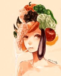Rule 34 | 1girl, bamboo shoot, broccoli, brown eyes, carrot, chili pepper, ckr4.8 (shiren), corn, dated, eggplant, food request, jalapeno pepper, looking at viewer, mouth hold, mushroom, onion, original, pepper, pumpkin, solo, tomato, upper body