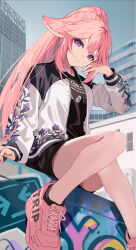 Rule 34 | 1girl, alternate costume, alternate hairstyle, animal ears, ankle socks, arm up, black socks, building, closed mouth, commentary, cross-laced footwear, dress shirt, feet out of frame, floral print, fox ears, genshin impact, graffiti, hair between eyes, high ponytail, highres, jacket, jewelry, light smile, long hair, long sleeves, looking at viewer, motto (night wear), open clothes, open jacket, parted bangs, pink footwear, pink hair, pink nails, ponytail, purple eyes, shirt, shoes, sidelocks, sitting, smile, sneakers, socks, solo, white jacket, yae miko