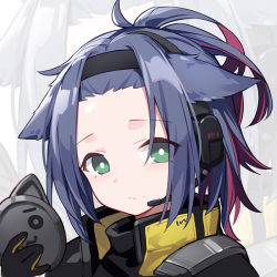 Rule 34 | 1girl, animal ears, arknights, bangs pinned back, black gloves, blue hair, coat, forehead, frown, gloves, green eyes, hairband, headphones, holding, jessica (arknights), jessica (iron block) (arknights), long hair, looking at viewer, multicolored hair, official alternate costume, ponytail, portrait, quan (kurisu tina), solo, two-tone hair, zoom layer