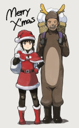 Rule 34 | 1boy, 1girl, admiral (kancolle), alternate costume, antlers, bag, black eyes, black footwear, black gloves, black legwear, boots, capelet, christmas, closed mouth, costume, dark-skinned male, dark skin, dress, fubuki (kancolle), fur trim, gloves, grey background, hand on own hip, hat, highres, holding, holding sack, horns, kantai collection, merry christmas, omuraashu, pom pom (clothes), red dress, red footwear, red gloves, sack, santa costume, santa hat, sidelocks, simple background, standing