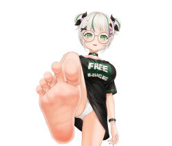 Rule 34 | 1girl, absurdres, barefoot, black choker, black shirt, bracelet, breasts, choker, commentary request, double bun, feet, foot focus, glasses, greek toe, green eyes, green hair, grey hair, hair bun, hair ornament, highres, indie virtual youtuber, jewelry, large breasts, multicolored hair, open mouth, panties, parasister (vtuber), round eyewear, shirt, simple background, smile, soles, solo, standing, standing on one leg, streaked hair, toes, underwear, virtual youtuber, white background, x hair ornament, xo (xo17800108)
