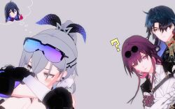 Rule 34 | 1boy, 3d, 3girls, ?, ahoge, arm scarf, bare shoulders, black gloves, black jacket, blade (honkai: star rail), blue eyes, blue hair, blue scarf, blush, breasts, caldier fshh, chinese clothes, closed mouth, commentary, earrings, embarrassed, english commentary, eyewear on head, furrowed brow, gloves, goggles, goggles on head, grey eyes, grey hair, hair between eyes, hair over one eye, highres, honkai: star rail, honkai (series), jacket, jewelry, kafka (honkai: star rail), large breasts, long hair, long sleeves, looking at another, mikumikudance (medium), multicolored hair, multiple girls, purple eyes, purple gloves, purple hair, red eyes, round eyewear, scarf, seele (honkai: star rail), shirt, silver wolf (honkai: star rail), simple background, tassel, thinking, twitter username, white shirt, yuri