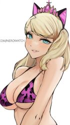 Rule 34 | 1girl, animal ears, animal print, aqua eyes, artist name, bikini, blonde hair, blush, breasts, cat ears, grin, highres, large breasts, leopard print, long hair, looking at viewer, nero watch, parted lips, persona, persona 5, purple bikini, simple background, smile, solo, swimsuit, takamaki anne, tiara, twintails, upper body, white background