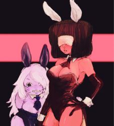 Rule 34 | 2girls, afro, amethyst (steven universe), animal ears, black gloves, breasts, cleavage, colored skin, detached collar, elbow gloves, fake animal ears, garnet (steven universe), glasses, gloves, hand on own hip, highres, isuhaimo, light purple hair, looking at viewer, multiple girls, necktie, playboy bunny, purple skin, rabbit ears, red skin, smile, steven universe, sunglasses