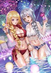 Rule 34 | 2girls, aerial fireworks, arm at side, assault lily, asymmetrical docking, bangle, bare arms, bare shoulders, bikini, blonde hair, blue bikini, blunt bangs, bracelet, braid, braided ponytail, breast press, breasts, building, chair, city, cleavage, cocktail, cocktail glass, collarbone, commentary request, cowboy shot, cup, drinking glass, drinking straw, fingernails, fireworks, floral print, flower, food, frilled bikini, frills, fruit, gem, grey hair, hair flower, hair ornament, hair over shoulder, halterneck, hand up, hibiscus, highres, holding, holding cup, holding hands, hurricane glass, imai tomohiro, interlocked fingers, jewelry, kon kanaho, large breasts, lemon, lemon slice, light blush, long hair, long sleeves, looking at viewer, lounge chair, low ponytail, mismatched bikini, miyagawa takane, multiple girls, navel, night, night sky, official alternate costume, official alternate hairstyle, open clothes, open shirt, outdoors, parasol, parted lips, pearl (gemstone), pearl bracelet, pearl hair ornament, pink flower, pool, pool ladder, print bikini, purple eyes, red bikini, revision, ring, see-through, see-through shirt, shirt, side-by-side, side-tie bikini bottom, side ponytail, single braid, sky, smile, sparkle, standing, stomach, string of light bulbs, swimsuit, swimsuit cover-up, thighlet, umbrella, very long hair, wading, water, wet, wet clothes, wet shirt, white bikini, yellow eyes, yellow flower