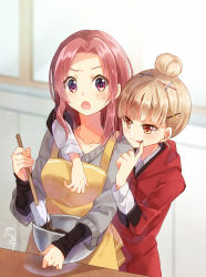 Rule 34 | 2girls, apron, brown eyes, brown hair, collarbone, commentary request, hair bun, hair ornament, hug, hug from behind, long hair, long sleeves, looking at another, multiple girls, nekozuki yuki, open mouth, original, red hair, single hair bun, sweatdrop, tongue, tongue out, valentine, x hair ornament, yellow apron
