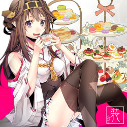 Rule 34 | 10s, 1girl, ahoge, bad id, bad pixiv id, bare shoulders, brown hair, cake, cup, detached sleeves, double bun, food, hair ornament, hairband, japanese clothes, kantai collection, kongou (kancolle), long hair, macaron, open mouth, pasties, pastry, patterned legwear, personification, shiomizu (swat), sitting, skirt, solo, teacup, thighhighs, tiered serving stand, tiered tray
