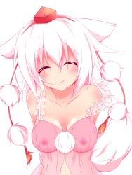 Rule 34 | 1girl, ^ ^, animal ears, asn s, babydoll, bad id, bad pixiv id, bare shoulders, blush, breasts, cleavage, closed eyes, happy, hat, highres, image sample, inubashiri momiji, large breasts, md5 mismatch, midriff, nipples, pixiv sample, see-through, short hair, silver hair, simple background, smile, solo, tail, tokin hat, touhou, white background, wolf ears, wolf tail