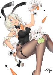 Rule 34 | 10s, 1girl, 2015, animal, animal ears, arm up, ayaki, between breasts, black bow, black bowtie, black pantyhose, blue eyes, bow, bowtie, braid, breasts, carrot, chestnut mouth, dated, detached collar, eyelashes, fake animal ears, hair between eyes, hair bow, hairband, hand on own hip, highres, holding, holding animal, knees together feet apart, large breasts, leg ribbon, leotard, lettuce, long hair, looking at viewer, open mouth, original, pantyhose, playboy bunny, rabbit, rabbit ears, rabbit tail, ribbon, see-through, see-through legwear, sidelocks, signature, simple background, single braid, solo, strapless, tail, thigh ribbon, very long hair, white background, white hair, wrist cuffs