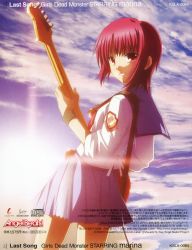 Rule 34 | album cover, angel beats!, backlighting, blue skirt, cloud, copyright name, cover, cowboy shot, highres, holding, holding instrument, instrument, iwasawa masami, looking back, non-web source, official art, red eyes, red hair, scan, school uniform, serafuku, skirt, sky, smile, solo, sunlight