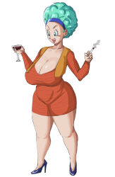 Rule 34 | 1girl, blue eyes, blue hair, blue hairband, breasts, bulma, cigarette, cleavage, cup, dragon ball, dragonball z, earrings, full body, hairband, highres, holding, holding cigarette, holding cup, huge breasts, jewelry, open mouth, panarandom, red lips, shoes, solo, standing