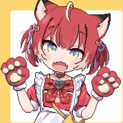 Rule 34 | 1girl, ahoge, akami karubi, animal collar, animal ears, animal hands, apron, blue eyes, bow, bowtie, cat ears, collar, commentary, fangs, gloves, gradient eyes, indie virtual youtuber, maid, maid apron, multicolored eyes, paw gloves, paw pose, pixel art, potato7192, puffy short sleeves, puffy sleeves, red bow, red bowtie, red hair, red shirt, shirt, short sleeves, twintails, virtual youtuber, waist apron, white apron