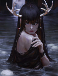 Rule 34 | 1girl, antlers, bare back, bare shoulders, earrings, fingernails, from behind, grey eyes, guweiz, hair between eyes, highres, horns, jewelry, lake, long hair, looking at viewer, looking back, original, parted lips, partially submerged, skull, solo, torn clothes, very long hair, water, waterfall, wet