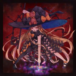 Rule 34 | 1girl, abigail williams (fate), abigail williams (second ascension) (fate), asymmetrical legwear, black bow, black hat, black panties, black thighhighs, blonde hair, bow, charm (object), fate/grand order, fate (series), hat, highres, key, long hair, looking at viewer, mouth hold, orange bow, panties, polka dot, polka dot bow, red eyes, revealing clothes, single thighhigh, smile, solo, stuffed animal, stuffed toy, teddy bear, thighhighs, underwear, uneven legwear, very long hair, yuurei447