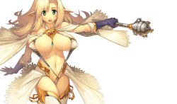 Rule 34 | 1girl, blonde hair, blush, bouncing breasts, breasts, earrings, elf, gloves, green eyes, highres, huge breasts, jewelry, large breasts, long hair, mace, midriff, navel, open mouth, original, pointy ears, shiny skin, simple background, slingshot swimsuit, smile, solo, swimsuit, weapon, white background, yn red