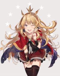 Rule 34 | 1girl, :d, black thighhighs, blonde hair, blush, bracer, cagliostro (granblue fantasy), capelet, cowboy shot, granblue fantasy, grey background, hand up, leaning, leaning forward, long hair, looking at viewer, one eye closed, open mouth, purple eyes, red capelet, red skirt, skirt, smile, solo, standing, star (symbol), thighhighs, tiara, w, waltz (tram)