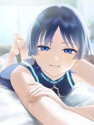 Rule 34 | 1boy, barefoot, bed sheet, bishounen, blue eyes, blue hair, blue shirt, blue shorts, blurry, blurry background, eyelashes, eyeliner, feet, feet up, genshin impact, hand on own arm, highres, indoors, io spr, lens flare, lying, makeup, male focus, on stomach, parted bangs, parted lips, scaramouche (genshin impact), shirt, short hair, shorts, sleeveless, sleeveless shirt, soles, solo, the pose, toes, wanderer (genshin impact)