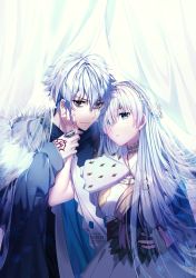 Rule 34 | 1boy, 1girl, anastasia (fate), artist name, bags under eyes, black shirt, blue cloak, blue eyes, blush, brown eyes, cloak, closed mouth, command spell, commentary request, crown, dress, fate/grand order, fate (series), fingernails, fur-trimmed jacket, fur trim, grey jacket, hair between eyes, hair over one eye, hand on another&#039;s cheek, hand on another&#039;s face, head tilt, highres, holding, jacket, kadoc zemlupus, light brown hair, long hair, looking at another, looking at viewer, mini crown, open clothes, open jacket, parted lips, rosuuri, shirt, silver hair, very long hair, watermark, wavy mouth, web address, white dress