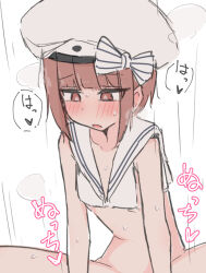 Rule 34 | 1boy, 1girl, ame (amechan17391739), bikini, blunt bangs, bottomless, breasts, commentary request, cowgirl position, hat, hetero, implied sex, kantai collection, paid reward available, red eyes, red hair, sailor bikini, sailor collar, sailor hat, short hair, simple background, sketch, small breasts, steam, steaming body, straddling, sweat, swimsuit, translation request, white background, white bikini, z3 max schultz (kancolle)