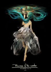 Rule 34 | 1girl, absurdres, aku no musume (vocaloid), aqua eyes, aqua hair, barefoot, character name, dress, faux traditional media, feet, hatsune miku, highres, long hair, reflection, saberiii, solo, twintails, underwater, very long hair, vocaloid, white dress