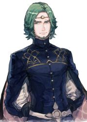 Rule 34 | 1boy, arms behind back, beard, belt, cape, circlet, closed mouth, facial hair, fire emblem, fire emblem: three houses, fire emblem heroes, green eyes, green hair, looking to the side, male focus, matching hair/eyes, nintendo, oisyox72, seteth (fire emblem), short hair, solo, standing, upper body