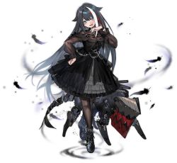 Rule 34 | 1girl, :d, :o, anchor symbol, azur lane, black dress, black feathers, black footwear, black hair, black pantyhose, blue eyes, blush, boots, breasts, commentary request, cross, cross-laced footwear, cross earrings, deutschland (azur lane), deutschland (demon princess&#039; dark hour banquet) (azur lane), dress, earrings, english text, feathers, frilled dress, frills, full body, hand on own hip, hand up, jewelry, lace-up boots, long hair, long sleeves, looking at viewer, machinery, multicolored hair, official alternate costume, official art, open mouth, pantyhose, parted lips, puffy long sleeves, puffy sleeves, ran (bukeranwu), red hair, see-through, small breasts, smile, solo, standing, streaked hair, tachi-e, transparent background, very long hair, white hair