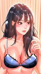 Rule 34 | 1girl, black hair, blue eyes, blush, breasts, breasts squeezed together, closed mouth, collarbone, female focus, full-face blush, long hair, sowon (unlock her heart), unlock her heart