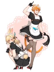 Rule 34 | 2boys, :t, ;d, ahoge, alkalilyy, alternate costume, animal ears, apron, arm up, artist name, back bow, back cutout, black choker, black dress, black footwear, black gloves, black ribbon, blonde hair, blue eyes, blush, bow, braid, brown thighhighs, cat boy, cat ears, cat tail, chest harness, choker, closed mouth, clothing cutout, collarbone, commentary, crossdressing, crossed bangs, dangle earrings, dress, earrings, embarrassed, english commentary, enmaided, fangs, feather hair ornament, feathers, frilled apron, frilled sleeves, frills, from behind, genshin impact, gloves, gun, hair between eyes, hair ornament, half gloves, handgun, harness, high heels, highres, holding, holding whip, holster, jewelry, kaveh (genshin impact), leg up, long hair, looking at viewer, looking back, maid, maid headdress, male focus, multiple boys, multiple scars, one eye closed, open mouth, orange hair, pink background, pocket, pout, puffy short sleeves, puffy sleeves, rabbit boy, rabbit ears, rabbit hair ornament, rabbit tail, red bow, red eyes, ribbon, scar, scar on arm, scar on leg, shoes, short dress, short hair, short sleeves, simple background, single braid, single earring, smile, squatting, standing, standing on one leg, stuffed animal, stuffed narwhal, stuffed toy, tail, tartaglia (genshin impact), tearing up, tears, teeth, thigh holster, thigh strap, thighhighs, twitter username, two-tone background, upper teeth only, v-shaped eyebrows, waist apron, weapon, whip, white apron, white background, white bow, wrist cuffs