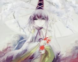 Rule 34 | 1girl, bad id, bad pixiv id, expressionless, flower, hat, holding, long sleeves, looking at viewer, mononobe no futo, relieved, relieved (bavoolongtea), solo, tate eboshi, touhou, wide sleeves