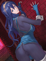 Rule 34 | 1girl, against wall, artist request, ass, blue eyes, blue hair, breasts, cameltoe, female focus, fingerless gloves, fire emblem, gloves, hair between eyes, long hair, looking back, lucina (fire emblem), matching hair/eyes, medium breasts, nintendo, pussy juice stain, cameltoe, solo, symbol-shaped pupils, tiara, very long hair