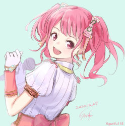 Rule 34 | 1girl, :d, bang dream!, blush, bow, commentary request, dated, earrings, from behind, glint, gloves, green background, gurifu, hair bow, highres, holding, holding microphone, jewelry, looking at viewer, looking back, maruyama aya, microphone, open mouth, pink hair, puffy short sleeves, puffy sleeves, red eyes, shirt, short sleeves, signature, simple background, smile, solo, twintails, twitter username, white bow, white gloves, white shirt