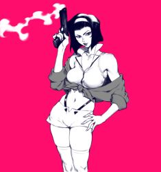 Rule 34 | 1girl, bare shoulders, bob cut, breasts, cleavage, collared vest, cowboy bebop, cowboy shot, faye valentine, gun, hairband, hand on own hip, handgun, highres, holding, holding gun, holding weapon, large breasts, looking at viewer, midriff, navel, off-shoulder shirt, off shoulder, parted bangs, parted lips, pink background, shirt, short hair, short shorts, shorts, skindentation, sleeves rolled up, solo, spot color, suspenders, vest, weapon, zelus