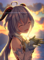 Rule 34 | ahoge, backlighting, bare shoulders, bell, black gloves, blue hair, blurry, closed eyes, depth of field, detached sleeves, ganyu (genshin impact), genshin impact, gloves, highres, horns, kugatsu tooka, long hair, neck bell, own hands together, smile, solo, sunset, white sleeves