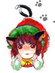Rule 34 | 1girl, animal ears, bad id, bad pixiv id, brown hair, cat ears, cat girl, cat tail, chen, head rest, dress, earrings, female focus, hat, jewelry, kko, lying, multiple tails, on stomach, paw print, red eyes, solo, tail, touhou, aged down