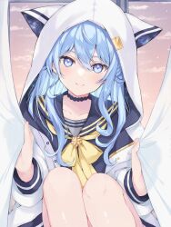 Rule 34 | 1girl, animal ears, animal hood, black choker, black sailor collar, black shirt, blue eyes, blue hair, blush, bow, bowtie, cat hood, choker, closed mouth, colored inner hair, commentary request, curtain grab, curtains, double-parted bangs, fake animal ears, feet out of frame, hair between eyes, highres, hololive, hood, hooded jacket, hoshimachi suisei, hoshimachi suisei (school uniform), indoors, jacket, knees up, kohaku (csacu), long hair, looking at viewer, multicolored hair, official alternate costume, official alternate hairstyle, sailor collar, school uniform, shirt, sidelocks, smile, solo, star (symbol), star in eye, sunset, symbol in eye, virtual youtuber, white jacket, window, yellow bow, yellow bowtie