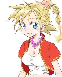 Rule 34 | 1girl, bandages, blonde hair, blue eyes, breasts, chrono cross, cleavage, closed mouth, crop top, high ponytail, jewelry, kid (chrono cross), long hair, looking at viewer, midriff, multi-tied hair, necklace, ponytail, s-a-murai, simple background, smile, solo, white background