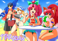 Rule 34 | 1boy, :d, absurdres, animal ears, animal hands, beach, beach umbrella, blush, breasts, cat ears, cat tail, cleavage, closed mouth, earrings, highres, ilia silvestri, jewelry, large breasts, long hair, looking at viewer, millie chliette, multiple girls, navel, open mouth, perisie (star ocean), pink hair, ponytail, red eyes, ronixis kenni, ryoi, smile, star ocean, star ocean anamnesis, star ocean first departure, sunglasses, sunglasses removed, swimsuit, tail, umbrella