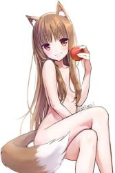 Rule 34 | 1girl, animal ears, apple, blush, brown hair, convenient censoring, crossed legs, food, fruit, grin, hair censor, holo, jpeg artifacts, long hair, looking at viewer, nude, red eyes, rimo, simple background, sitting, smile, solo, spice and wolf, tail, tail censor, twitter username, white background, wolf ears, wolf tail