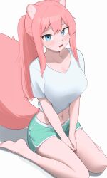 Rule 34 | 1girl, 1other, animal ears, blue eyes, body fur, breasts, commentary, furry, furry female, green shorts, highres, jeifier (korfiorano01), long hair, looking at viewer, medium breasts, midriff, navel, original, pink fur, pink hair, ponytail, pov, shirt, short sleeves, shorts, sidelocks, simple background, sitting, solo focus, t-shirt, tail, thighs, wariza, white background, white shirt