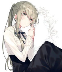 Rule 34 | 1girl, black ribbon, black skirt, blush, brown eyes, cecilia (shiro seijo to kuro bokushi), commentary request, dress, floral background, floral print, flower, from side, green hair, hands up, kazutake hazano, long hair, long skirt, long sleeves, looking at viewer, neck ribbon, own hands together, ponytail, ribbon, shiro seijo to kuro bokushi, shirt, skirt, solo, sparkle, striped, suspenders, white background, white shirt