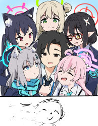 Rule 34 | 1boy, 5girls, animal ear fluff, armband, ayane (blue archive), black hair, black necktie, blue archive, blue armband, blue eyes, blue halo, blue necktie, blue ribbon, blue scarf, brown eyes, brown hair, closed eyes, collared shirt, commentary request, doodle sensei (blue archive), glasses, green eyes, green halo, grey hair, hair between eyes, hair ribbon, halo, highres, hoshino (blue archive), light brown hair, long hair, long sleeves, multiple girls, necktie, nonomi (blue archive), one eye closed, open mouth, pink hair, pink halo, red-framed eyewear, red eyes, red halo, ribbon, scarf, school uniform, sensei (blue archive), sensei (blue archive the animation), serika (blue archive), shiroko (blue archive), shirt, smile, tenten (chan4545), upper body, white shirt, yellow eyes