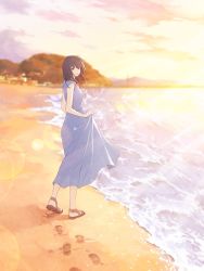 Rule 34 | 1girl, :d, beach, black hair, blue dress, brown eyes, clothes lift, dress, dress lift, from side, full body, highres, lifted by self, looking at viewer, looking to the side, ocean, open mouth, original, ryuga (balius), sandals, short hair, short sleeves, smile, solo, sunset