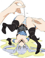 Rule 34 | 10s, 1boy, 1girl, blue eyes, blue hair, blush, boots, frame arms girl, mini person, minigirl, panties, simple background, spread legs, striped clothes, striped panties, stylet, thigh boots, thighhighs, twintails, umanosuke, underwear, white background