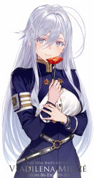 Rule 34 | 1girl, 86 -eightysix-, ahoge, belt, breasts, character name, closed mouth, commentary request, copyright name, flower, grey eyes, hair between eyes, hands on own chest, happy birthday, holding, holding flower, long hair, long sleeves, military, military uniform, o-ring, o-ring belt, red flower, shirabi, silver hair, simple background, smile, solo, uniform, upper body, vladilena millize, white background